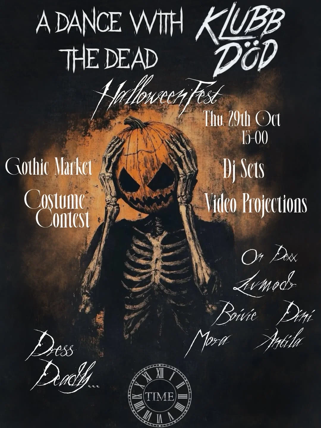 Originalaffisch för HalloweenFest med Dance with the Dead och Klubb Död på TIME den 29 oktober 2026