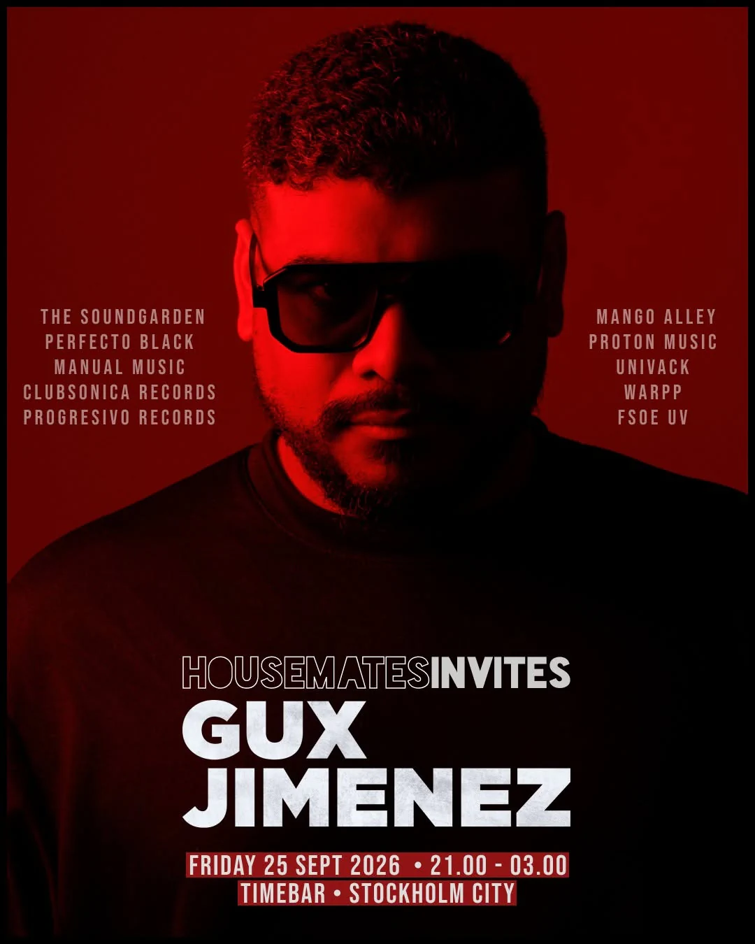 Röd Housemates-affisch för Gux Jimenez på TIME Bar den 25 september 2026
