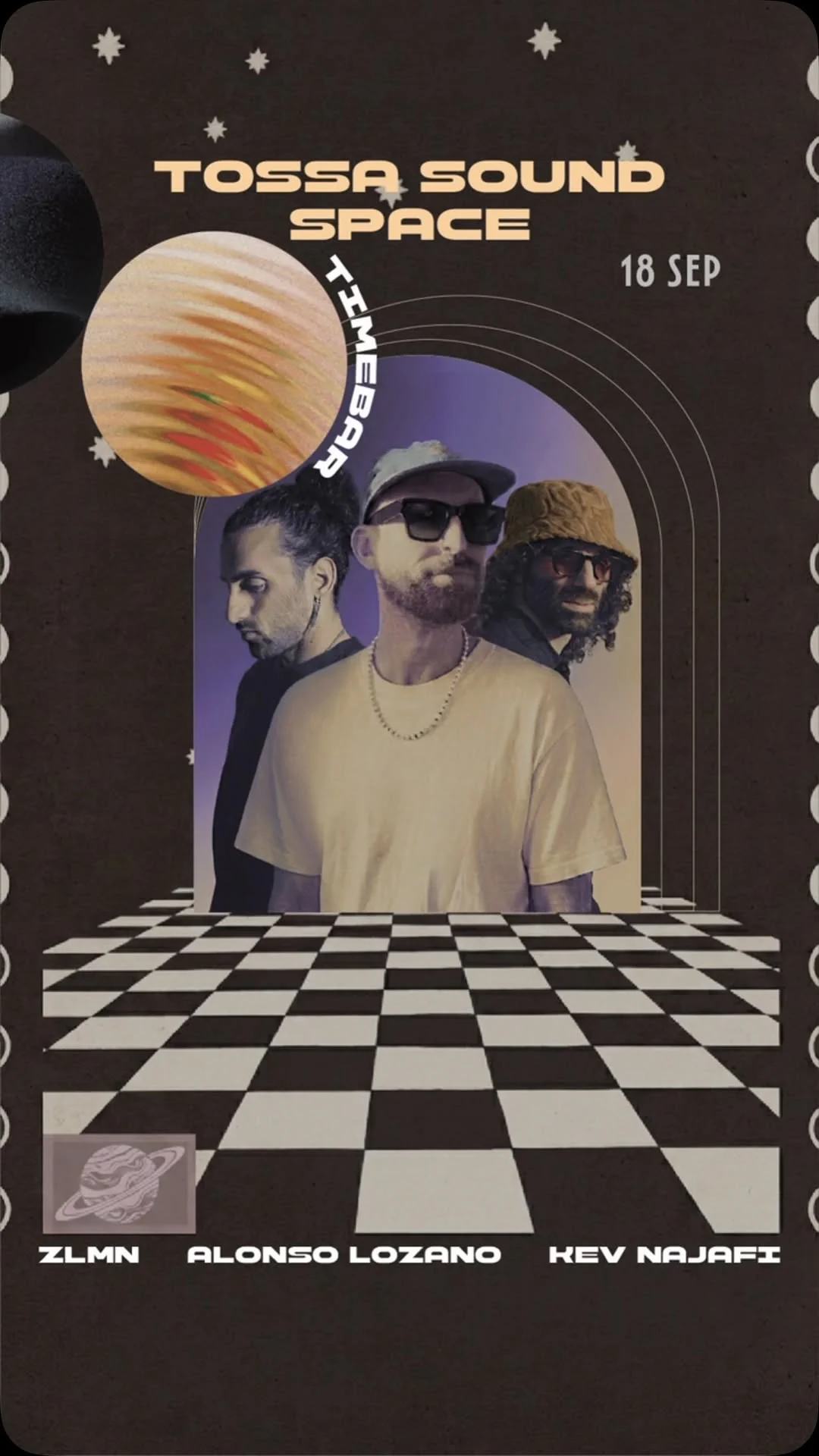 Tossa Sound Space-affisch med ZLMN, Alonso Lozano och Kev Najafi